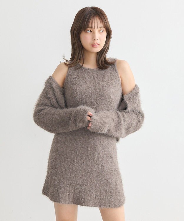 earth music&ecology ＳＥＴ２点シャギーショートカーデ＋ミニワンピース Mocha