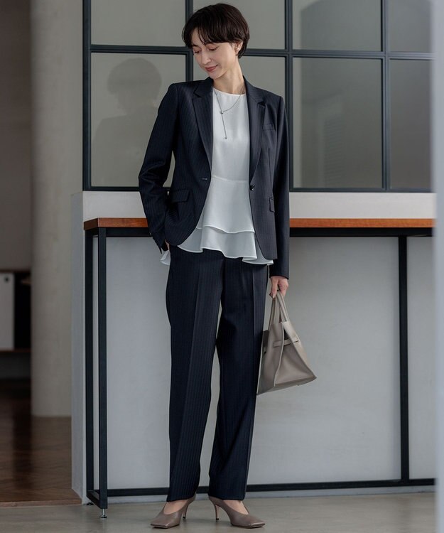 23区 S 【セットアップ対応】ラフィーネウール テーパードパンツ ネイビーストライプ