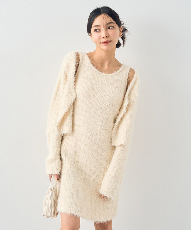earth music&ecology ＳＥＴ２点シャギーショートカーデ＋ミニワンピース Ivory