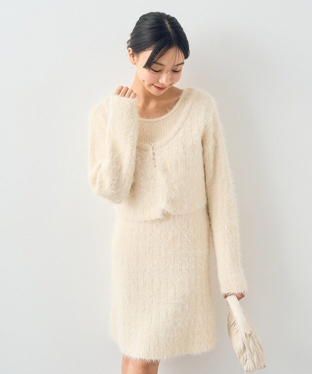 earth music&ecology ＳＥＴ２点シャギーショートカーデ＋ミニワンピース Ivory