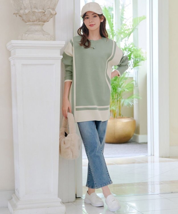 Tiaclasse 【新色追加・洗える】配色ニットチュニック ミント×アイボリー