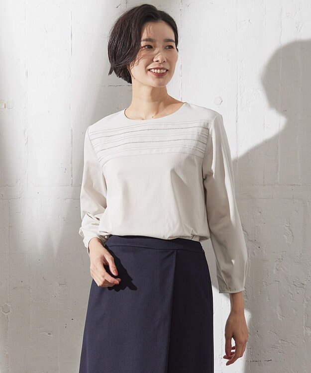 J.PRESS LADIES 【吸水速乾】ピンタックコンビジャージー カットソー ライトグレー系