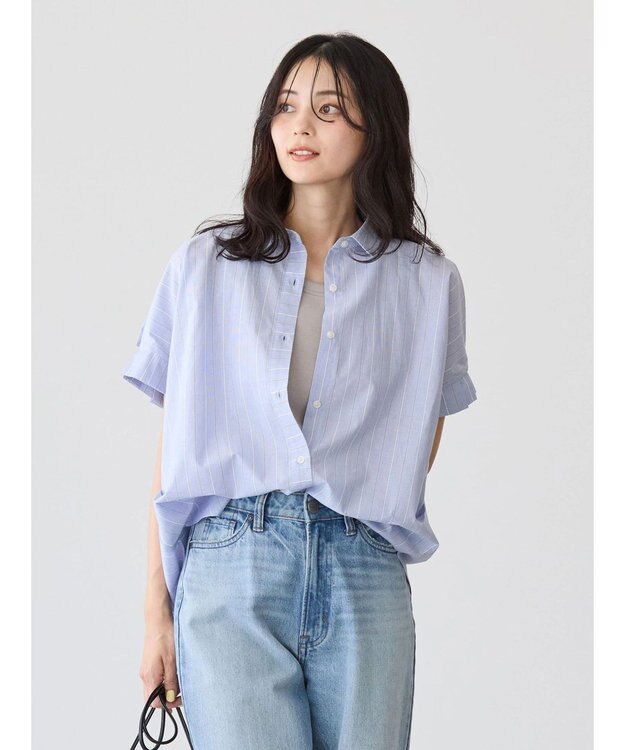 AMERICAN HOLIC ＵＶカット袖タックフレンチスリーブシャツ Stripe Navy