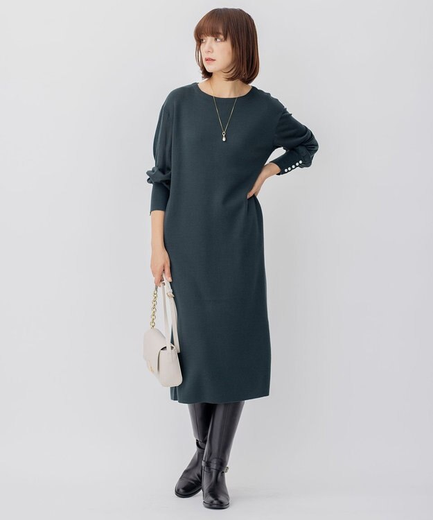 23区 【CLASSY.1月号掲載】ウールブレンド パール ニットワンピース ダークグリーン系