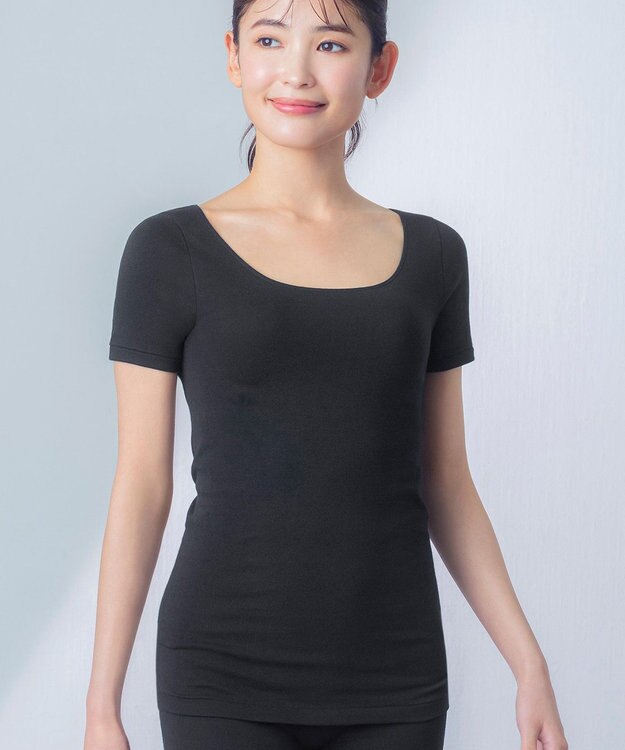 Wing あったかインナー オーガニックコットン混 やわらかくやさしい肌ざわり 【綿の贅沢オーガニック】 綿混 保温性 3分袖 半袖 秋 冬 EL4331 ウイング／ワコール ブラック