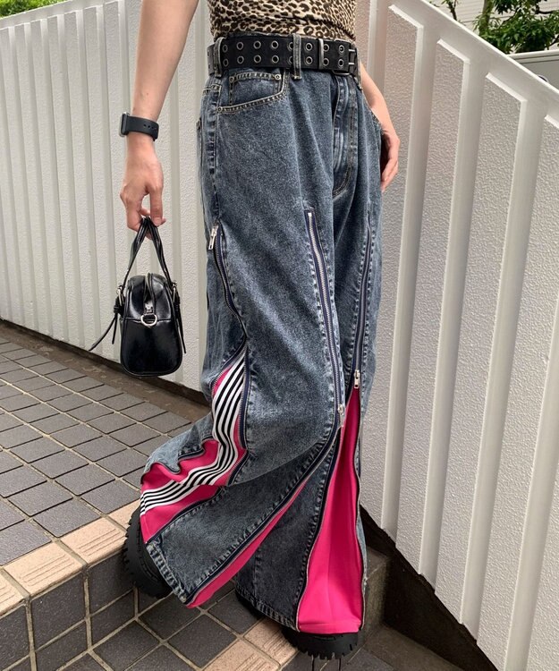 WEGO 【ユニセックス着用ITEM】ジャージドッキングZIPデニムパンツ ピンク