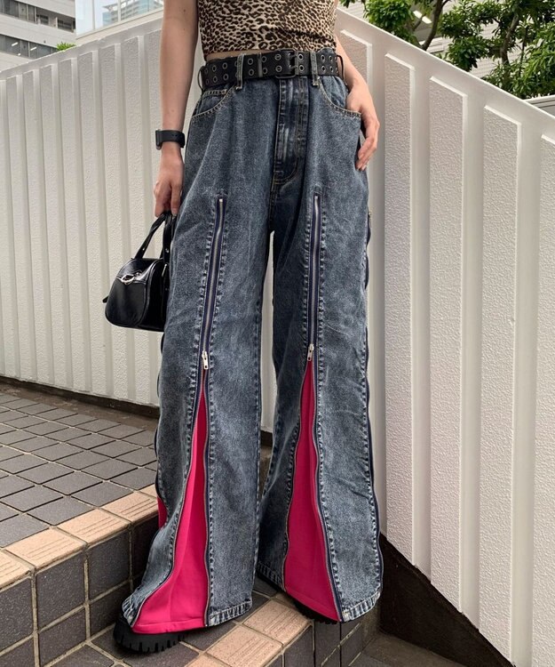 WEGO 【ユニセックス着用ITEM】ジャージドッキングZIPデニムパンツ ピンク