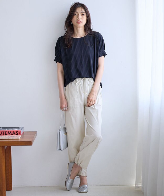 ANY 【洗濯機可】タックスリーブドルマンTシャツ ネイビーストライプ