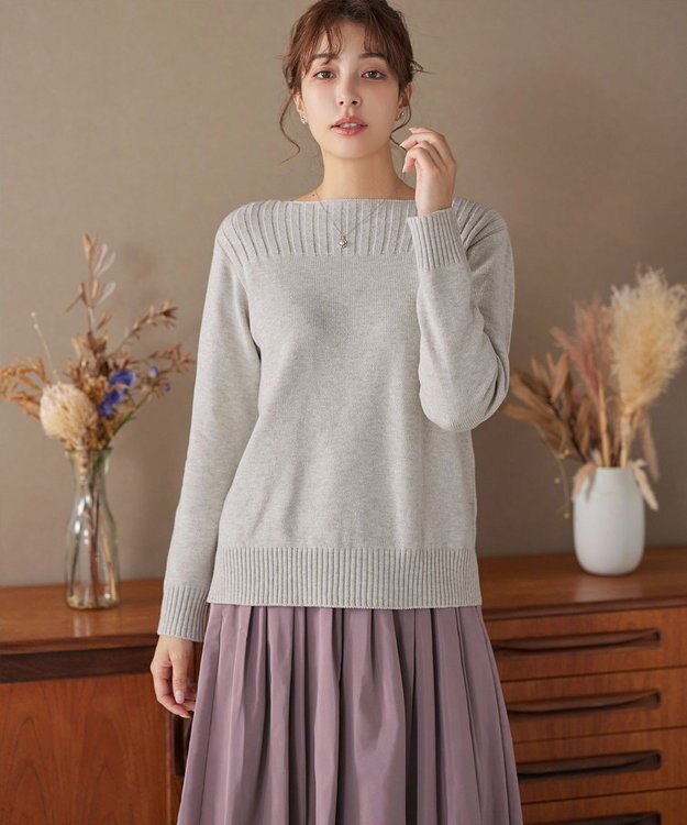 Tiaclasse 綿混リブ使いボートネックニットプルオーバー ライトグレー