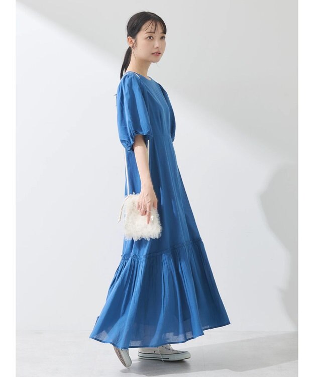 earth music&ecology コットンボイルパフスリーブワンピース Blue