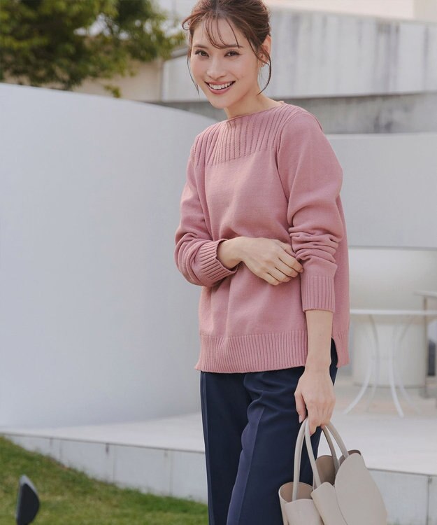 Tiaclasse 綿混リブ使いボートネックニットプルオーバー ピンク