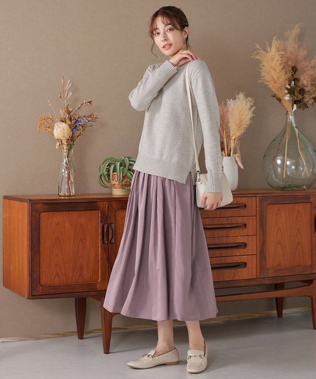 Tiaclasse 綿混リブ使いボートネックニットプルオーバー ライトグレー