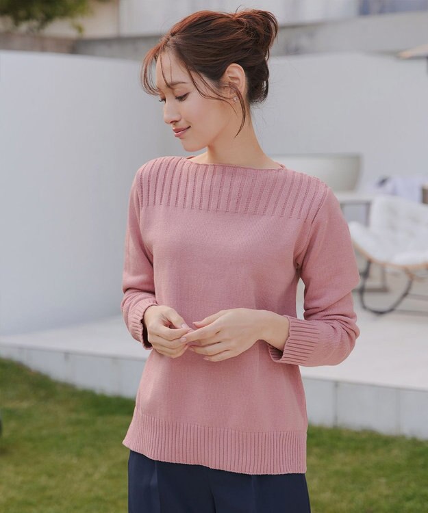 Tiaclasse 綿混リブ使いボートネックニットプルオーバー ピンク