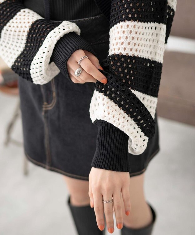 WEGO 【紫外線対策/手洗い可】メッシュリボンボレロ ブラックボーダー