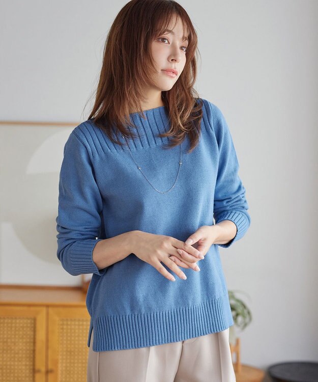 Tiaclasse 綿混リブ使いボートネックニットプルオーバー ブルー