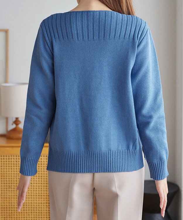 Tiaclasse 綿混リブ使いボートネックニットプルオーバー ブルー