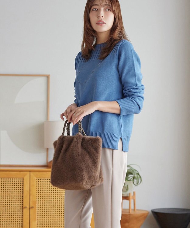 Tiaclasse 綿混リブ使いボートネックニットプルオーバー ブルー