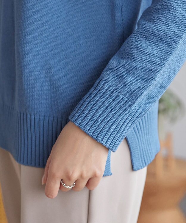 Tiaclasse 綿混リブ使いボートネックニットプルオーバー ブルー