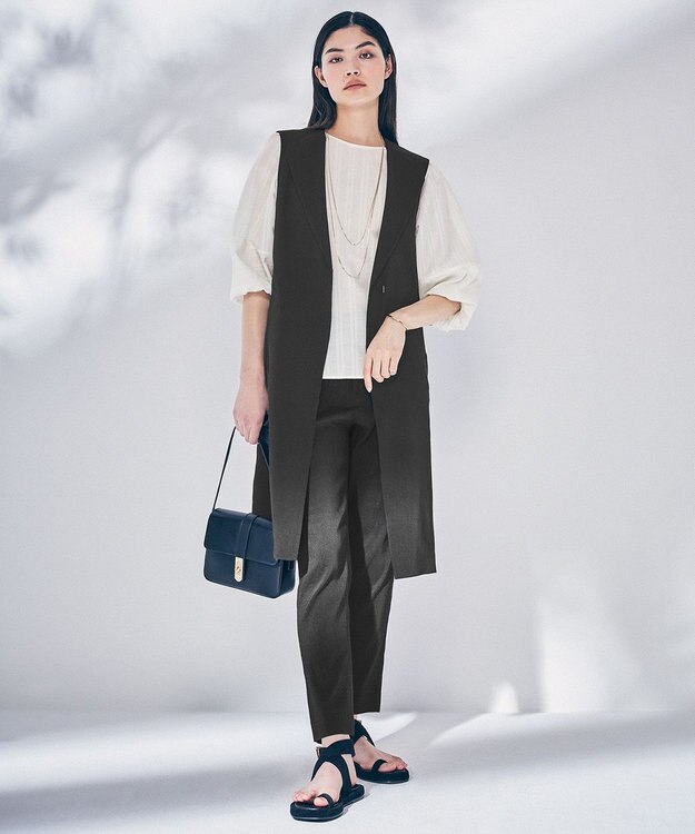 23区 L 【洗える】リネンレーヨンストレッチ テーパード パンツ ブラック系