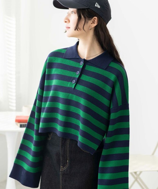 WEGO ボーダーニットポロ グリーンボーダー