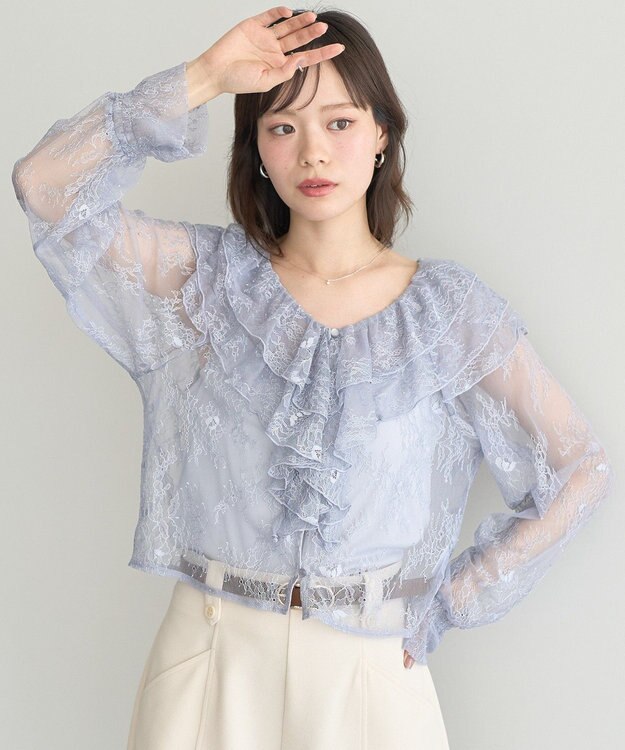 earth music&ecology ＳＥＴ２点ラッフルレースブラウス＋キャミソール Grayish Blue