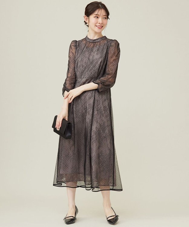 ANY SIS 【洗える】 ドットチュールレース ドレス ローズグレー×ブラックレース