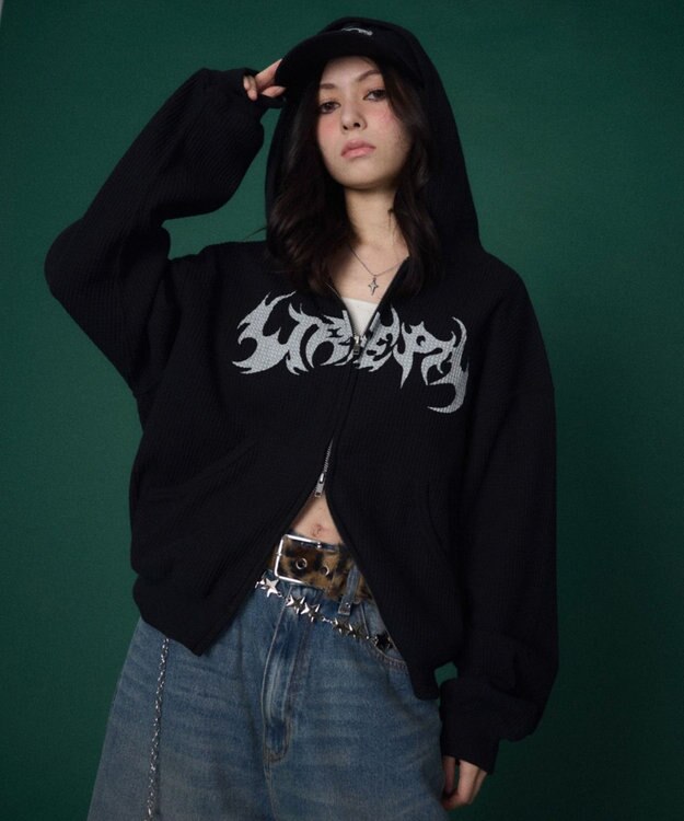 WEGO 【ユニセックス着用ITEM】ワッフルグラフィックカットZIPパーカー ブラック
