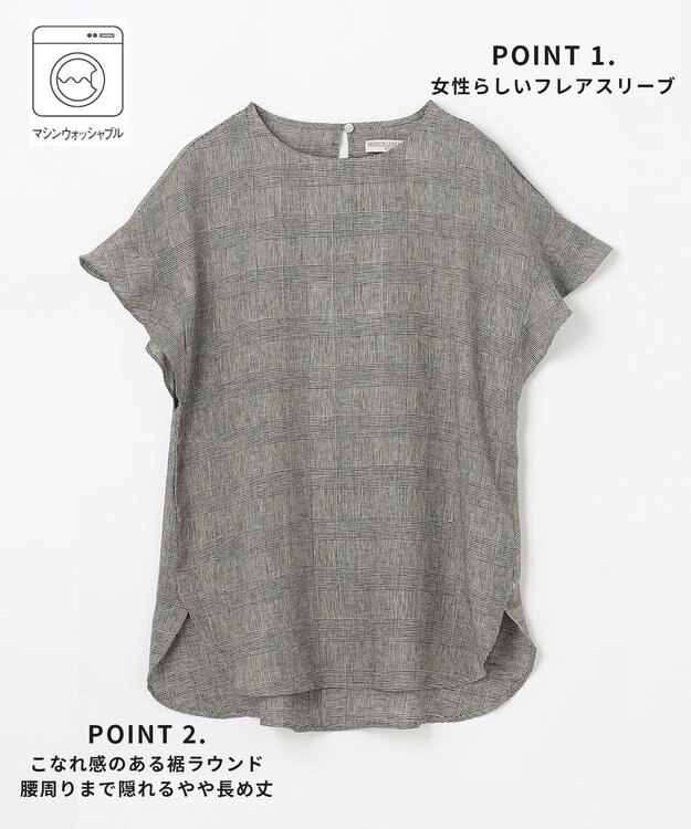 ANY 【洗える】ライトリネンクロスフレアスリーブ ブラウス グレンチェック