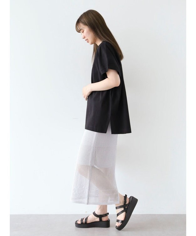 Green Parks インド綿 フレンチスリーブ前後差カットプルオーバー Black