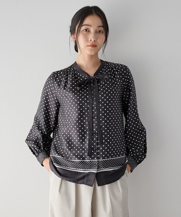 YECCA VECCA ドットパネル柄リボンブラウス Black