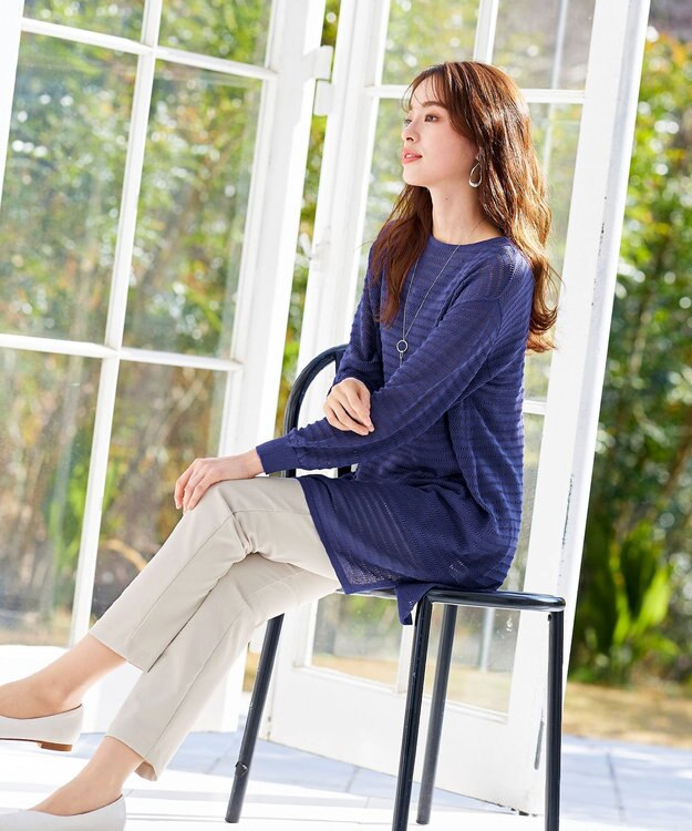 Tiaclasse 【洗える】体型カバーも叶う透け柄編みニットチュニックアンサンブル（2点セット） ブルー