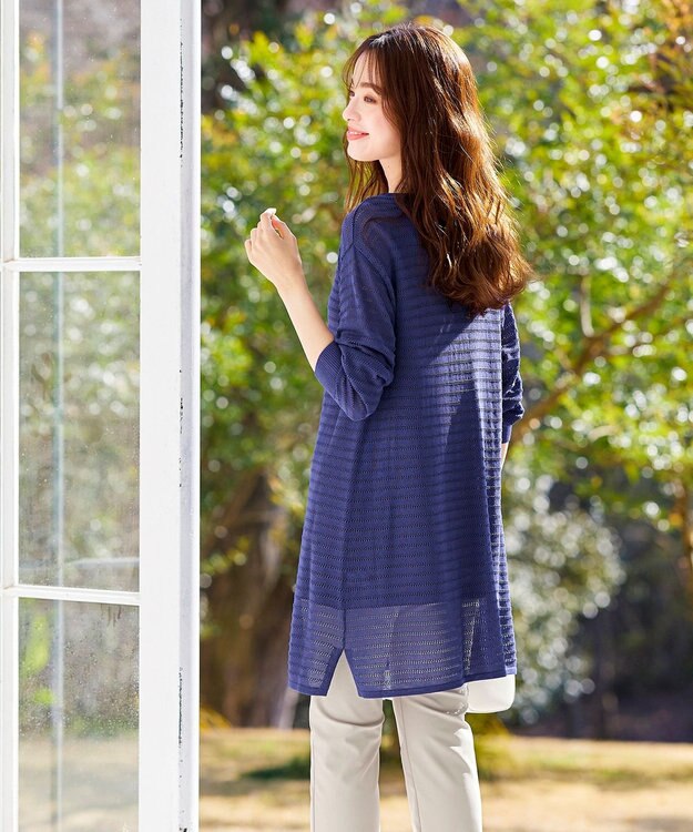 Tiaclasse 【洗える】体型カバーも叶う透け柄編みニットチュニックアンサンブル（2点セット） ブルー