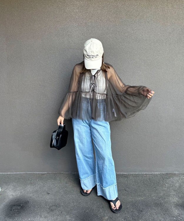 Green Parks リボンチュールデザインブラウス Khaki