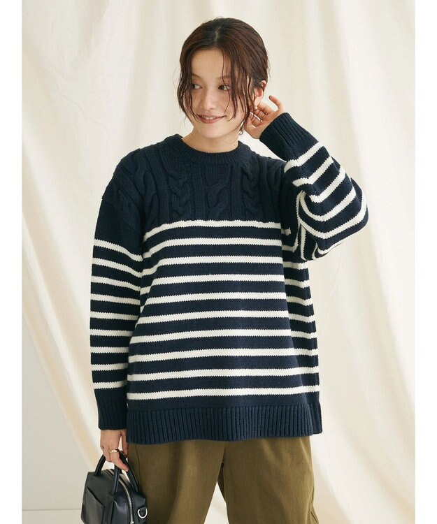 CRAFT STANDARD BOUTIQUE ケーブル×ボーダードッキングプルオーバー Border Navy
