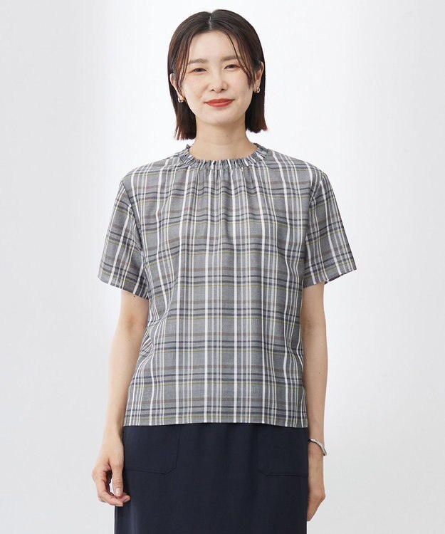 J.PRESS LADIES 【洗える】シアーストライプ＆チェック ブラウスライク カットソー グレーチェック系
