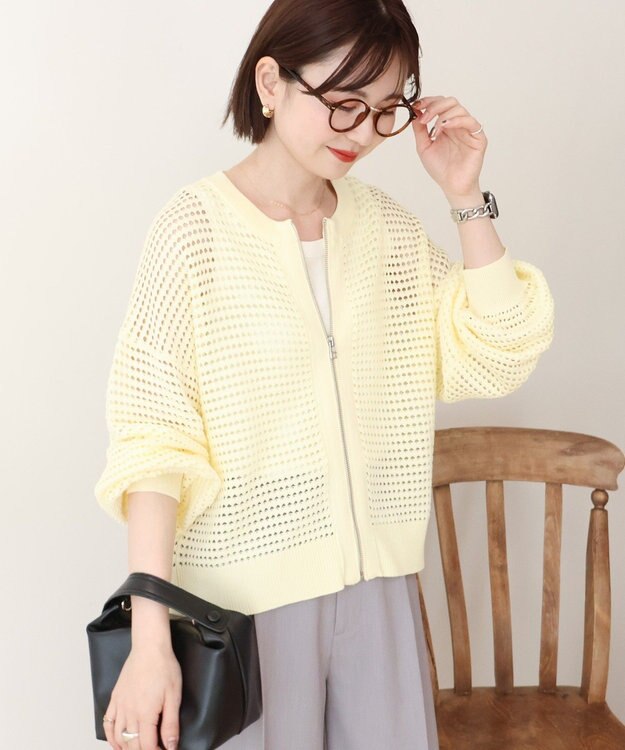 AMERICAN HOLIC 【先行予約】ジップアップメッシュニットカーディガン【WEB限定カラー有り】 Yellow