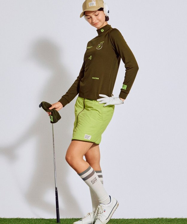 PW CIRCULUS 【裏起毛であたたか】【WOMEN】CATモチーフ  裏起毛ロングスリーブモックネックT   ゴルフウェア レディース カーキ系