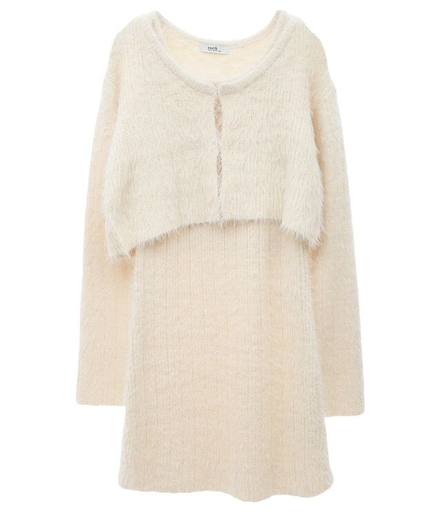 earth music&ecology ＳＥＴ２点シャギーショートカーデ＋ミニワンピース Ivory