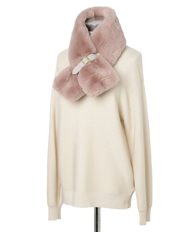 MOONBAT 【大人百花1月号掲載】FURLA フェイクファーマフラー ベルト差し込み ファーティペット ロゴプレート付 ペールピンク