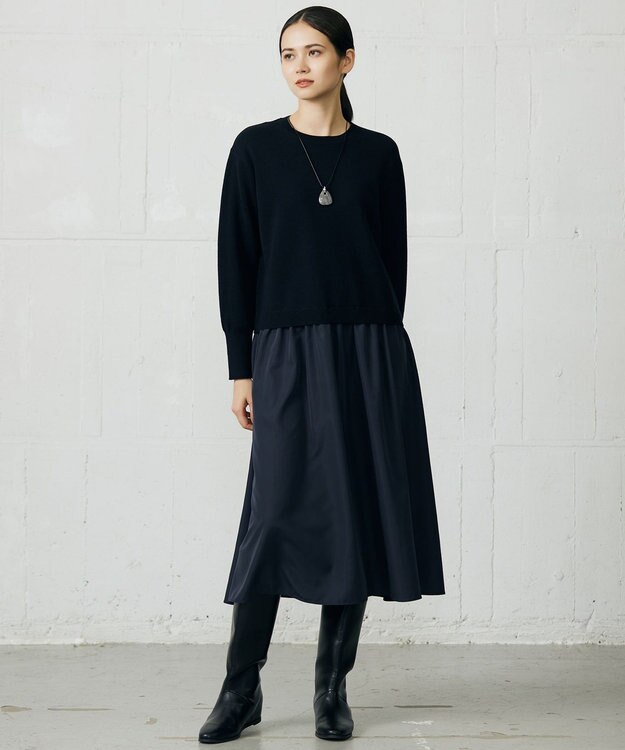 自由区 L 【カタログ掲載】ウールミラノ異素材 ワンピース ネイビー