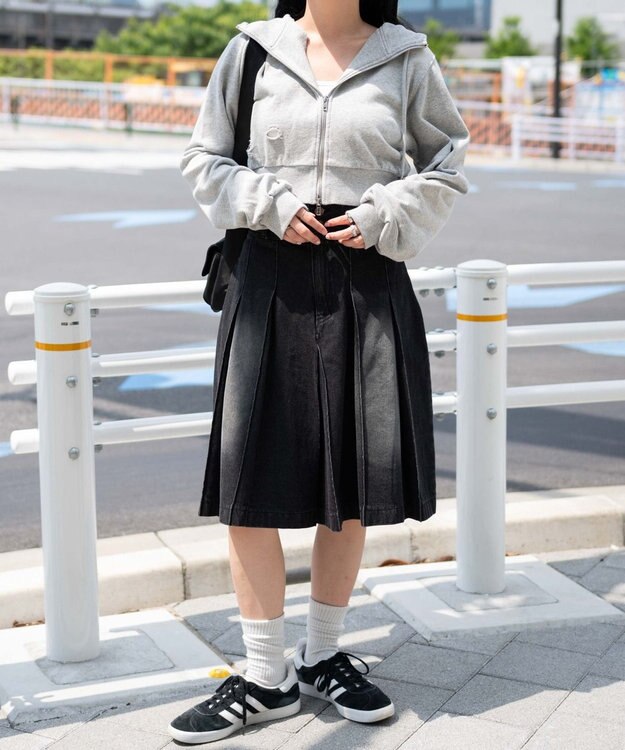 WEGO ヴィンテージウォッシュデニムプリーツミドルスカート ブラック