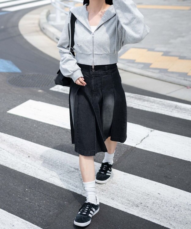 WEGO ヴィンテージウォッシュデニムプリーツミドルスカート ブラック