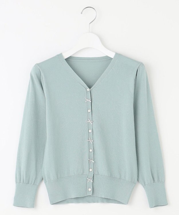 Feroux リボンパール七分袖 カーディガン ライトグリーン系