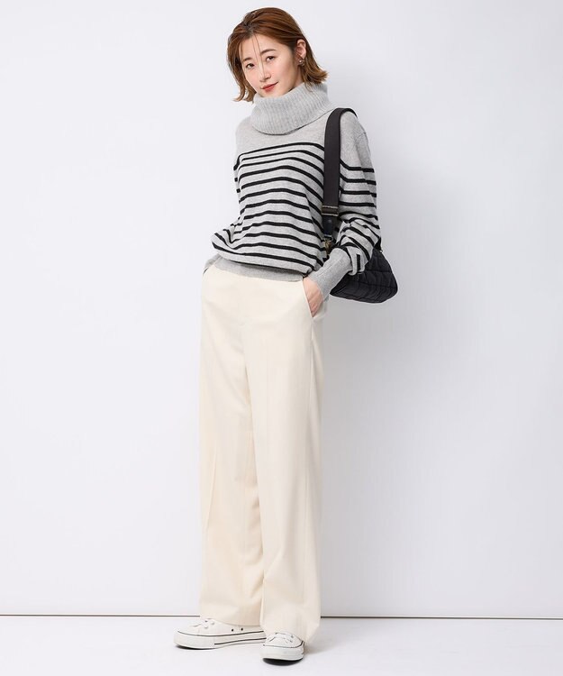 23区 S 【洗える】ピュアカシミヤ ボーダー ニット ライトグレー×ブラックボーダー