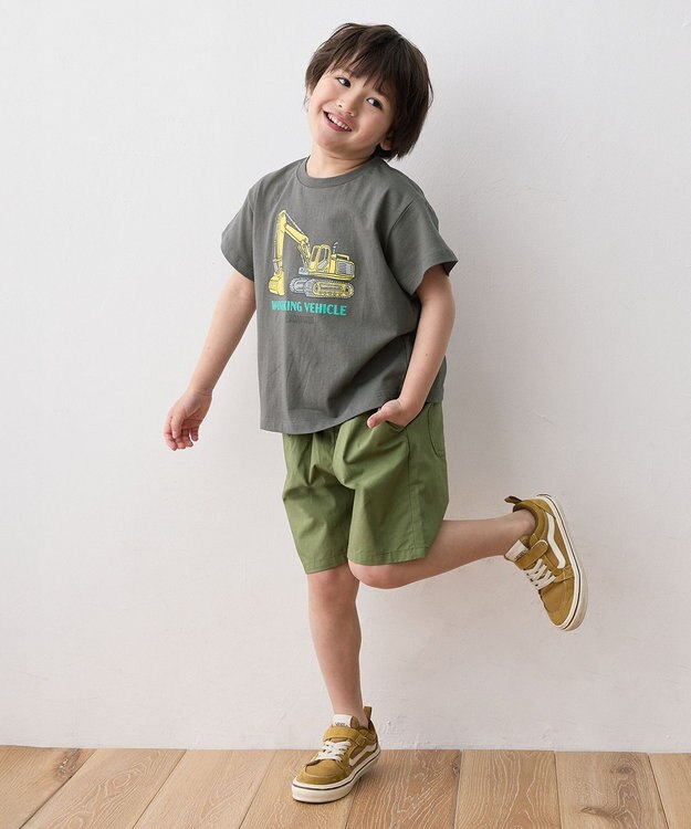 ANY KIDS 車プリント 半袖Tシャツ チャコール（ショベルカー）