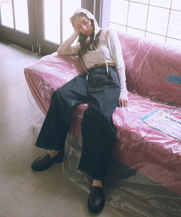 earth music&ecology レース×アイレットプルオ－バー Black