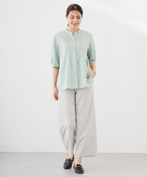 J.PRESS LADIES 【洗える】ラミーポプリン 前開き ブラウス ミント系