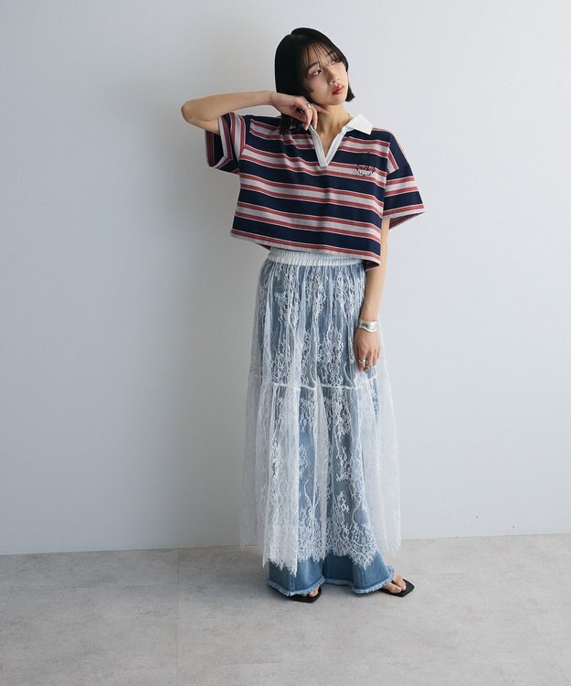 Green Parks エムブレム刺繍ショートボーダーカットソー Navy