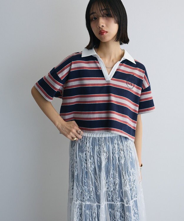 Green Parks エムブレム刺繍ショートボーダーカットソー Navy