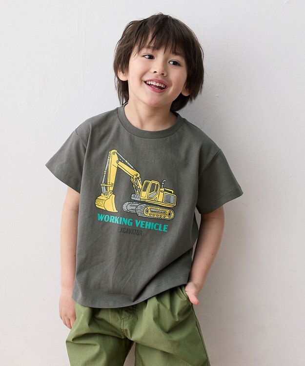ANY KIDS 車プリント 半袖Tシャツ チャコール（ショベルカー）